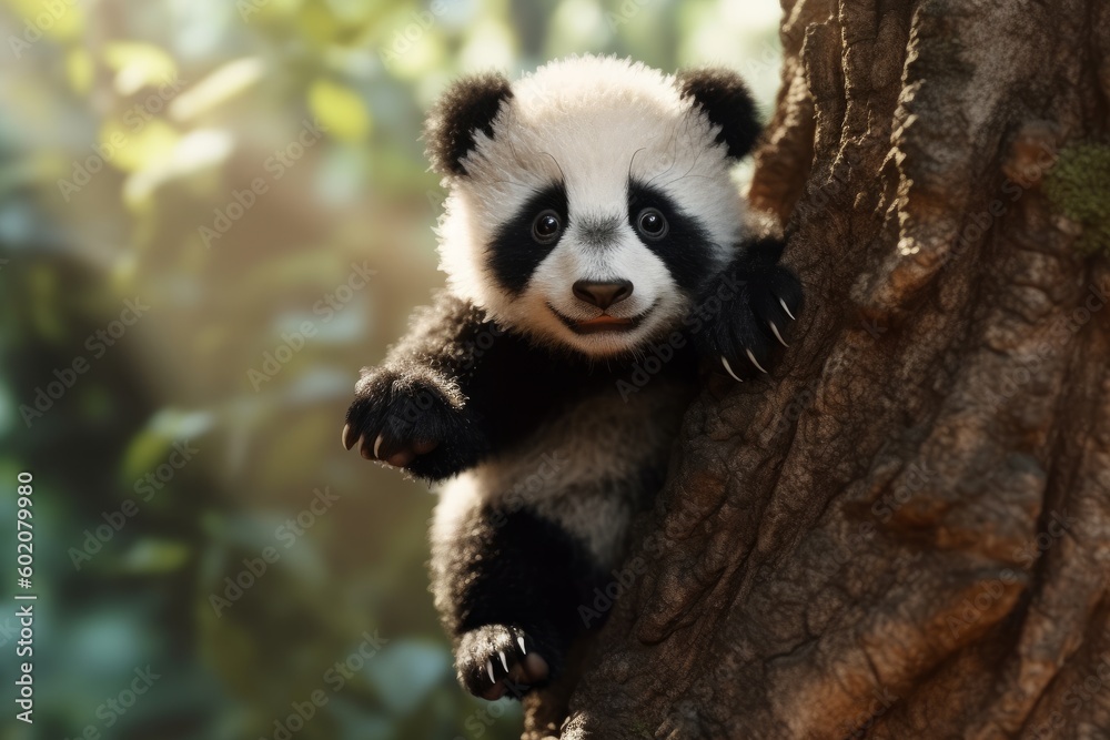 Fototapeta premium Adorable Baby Panda Climbing Tree
