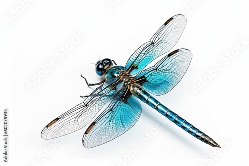 Isolated blue dragonfly on white background, Generative AI