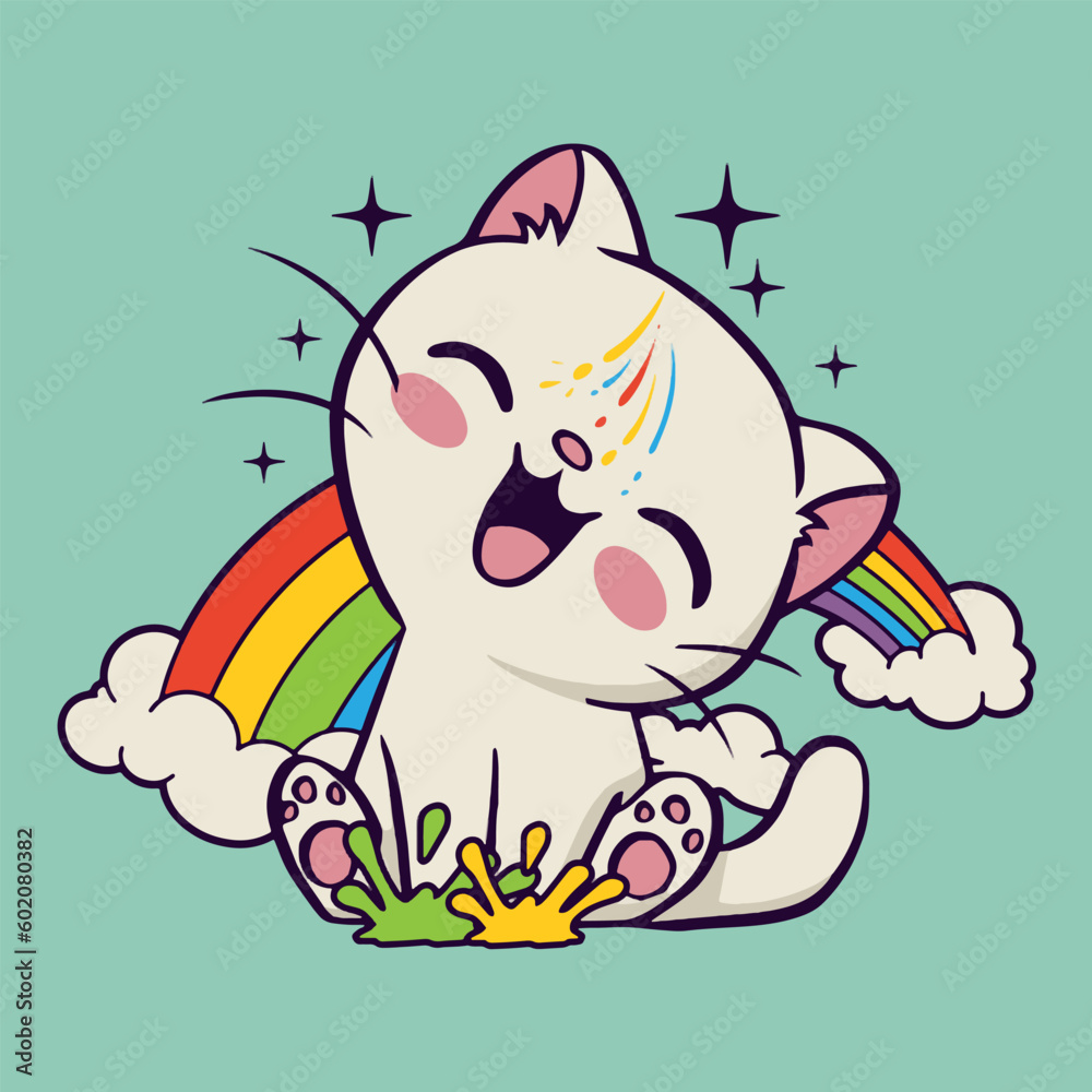 Cute Cat With Rainbow Vector Art, Illustration and Graphic