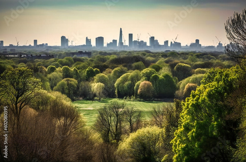 the landscape outside london with the city skyline and park