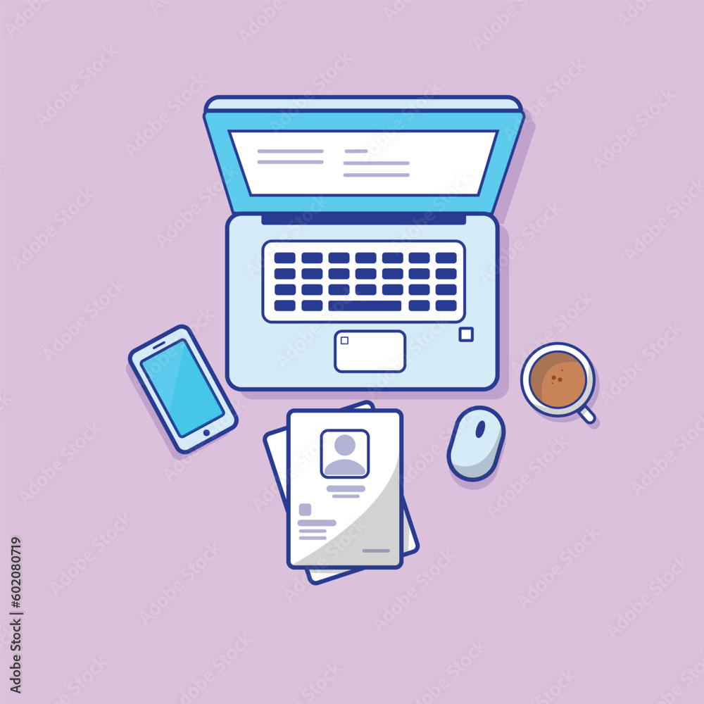 Top view illustration of a laptop on the table near a coffee cup notebook and a phone. Working or studying concept. Flat Style Modern Design. Vector Illustration. Flat design office supplies graphics Top view illustration of a laptop on the table near a coffee cup notebook and a phone. Working or studying concept. Flat Style Modern Design. Vector Illustration. Flat design office supplies graphics