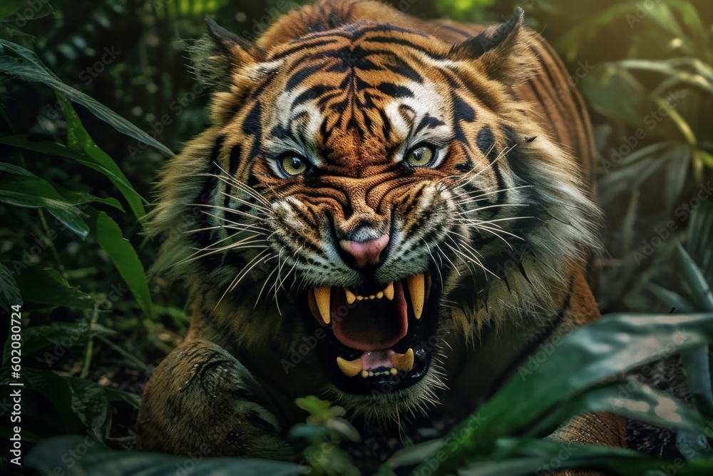 Fototapeta premium Fierce Tiger Roaring in the Jungle