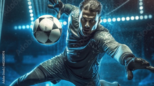 Leinwand Poster soccer goalkeeper with ball in stadium - Generated by Generative AI