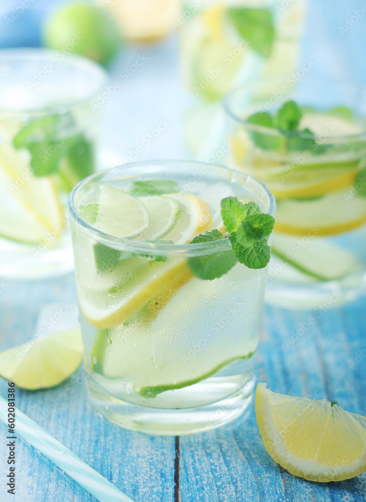 Glasses with lemon and lime lemonade Glasses with lemon and lime lemonade