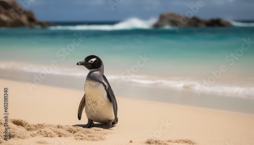A penguin is on the beach.  Generative AI 