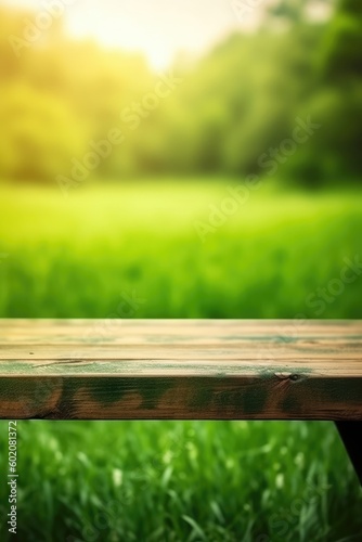 Copy space on empty wooden table with blurred natural background. (Generative AI)