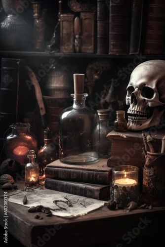 The alchemist room had old books, a skull, and potion. (Generative AI)