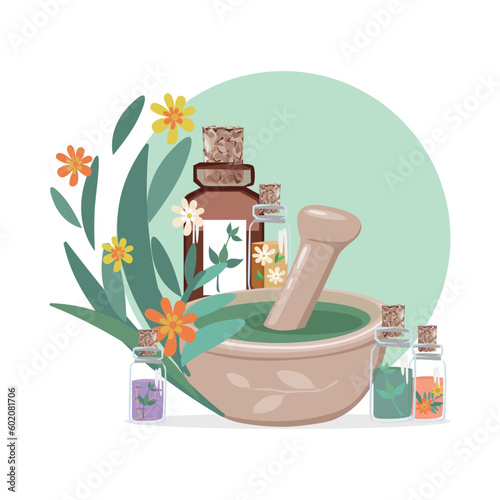Composition of bottles with medicinal herbs, aromatic oils and herbal tinctures. Herbal medicine. Alternative medicine. Vector illustration for advertising, flyers and social networks.