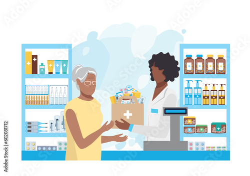 Customers in a pharmacy talk to a pharmacist and buy medicines. Pharmacy shelves are filled with vials of medicines, pills, capsules and medical supplies. Vector illustration.
