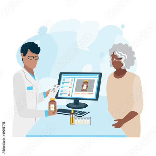 Customers in a pharmacy talk to a pharmacist and buy medicines. Pharmacy shelves are filled with vials of medicines, pills, capsules and medical supplies. Vector illustration.