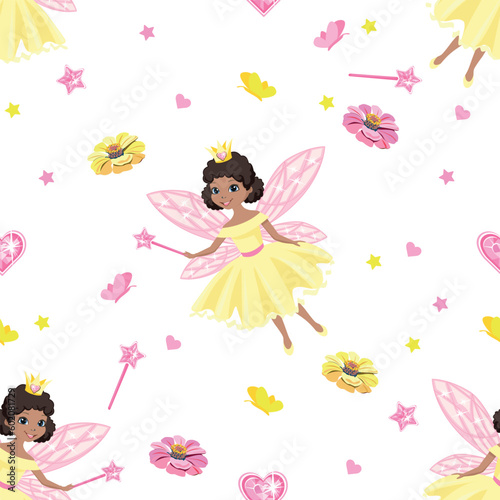 Beautiful princess seamless pattern in cartoon style. Vector background with cute fairies, flowers and butterflies. © liana2012