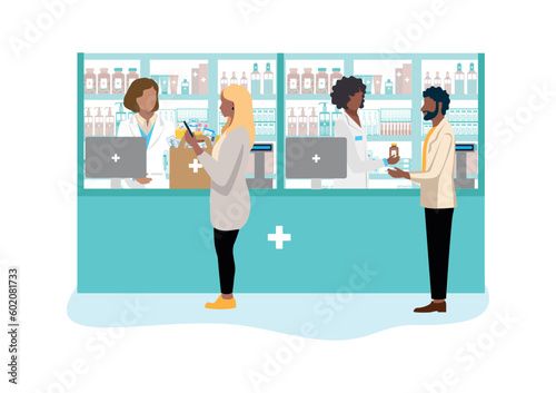 Customers in a pharmacy talk to a pharmacist and buy medicines. Pharmacy shelves are filled with vials of medicines, pills, capsules and medical supplies. Vector illustration.