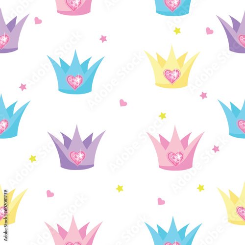 Seamless pattern for a beautiful princess. Vector patern with princess crown or tiara with heart shaped ornament.