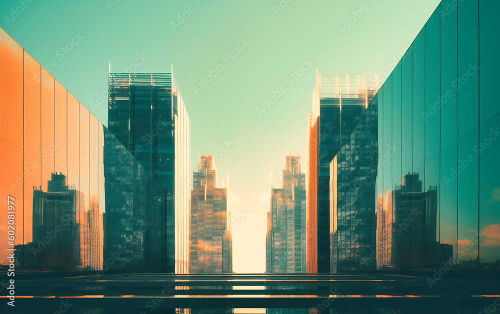 modern skyscraper building reflects skyline and sun