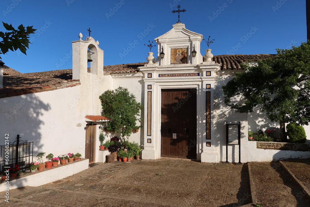 Cortegana, Huelva, Spain, May 12, 2023: Hermitage next to the medieval castle of the magical Andalusian town of Cortegana, Huelva, Spain