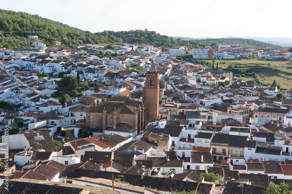 Cortegana, Huelva, Spain, May 12, 2023: View of the Divino Salvador church of the Andalusian magical town of Cortegana, Huelva, Spain from the top of the castle