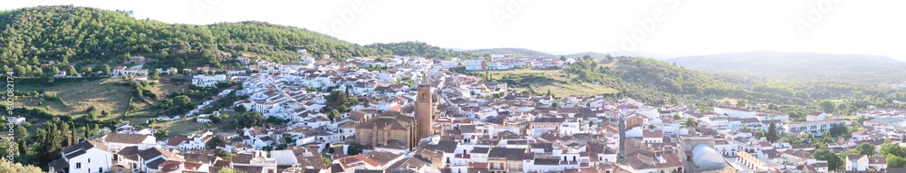 Cortegana, Huelva, Spain, May 12, 2023: Great panoramic of the Andalusian magical town of Cortegana, Huelva, Spain from the top of the castle