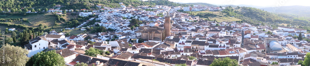 Cortegana, Huelva, Spain, May 12, 2023: Panoramic of the magical Andalusian town of Cortegana, Huelva, Spain with the Divino Salvador church in the center