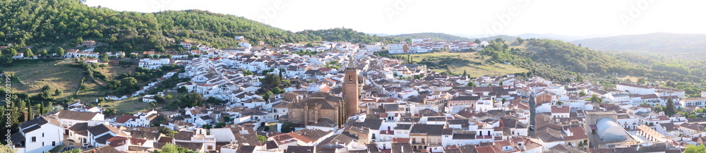 Cortegana, Huelva, Spain, May 12, 2023: Great panoramic of the Andalusian magical town of Cortegana, Huelva, Spain With the Divino Salvador church in the center