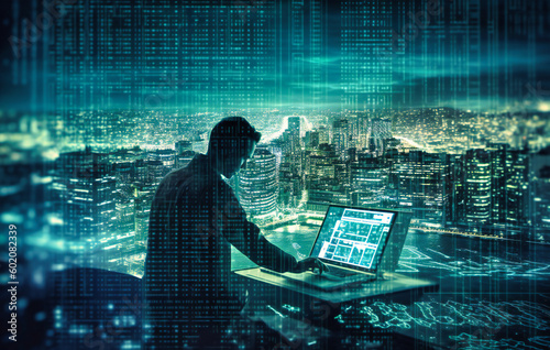 man working on computer clicking digital digits with city background