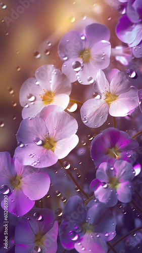 Close-up violet flowers with water droplets background. Summer wallpaper. Ai generated © Artem81