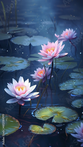 Blooming water-lily flowers with drops of water close-up background. Ai generated