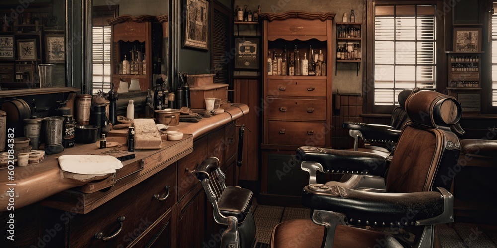 A vintage-style barber shop interior, with an antique barber chair and ...