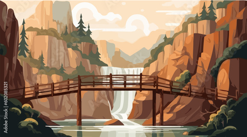 landscape cross bridge over the river with waterfall on rock hill vector