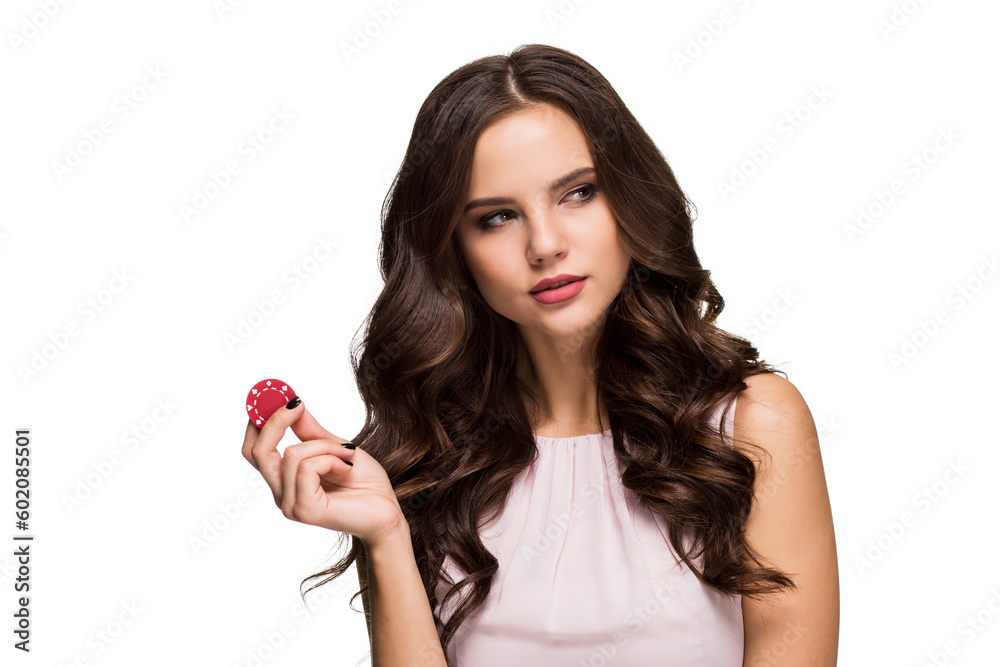 Sexy curly hair brunette posing with chips in her hands, poker concept isolation on white background Sexy curly hair brunette posing with chips in her hands, poker concept isolation on white background