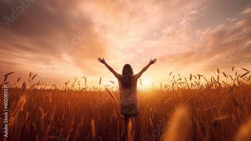 A woman standing in a wheat field with her arms raised in the air