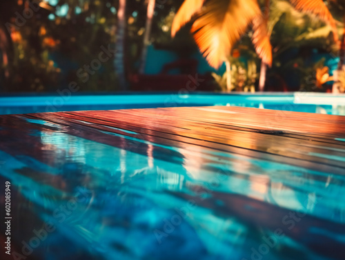 colorful wood table next to a blue pool and palm trees