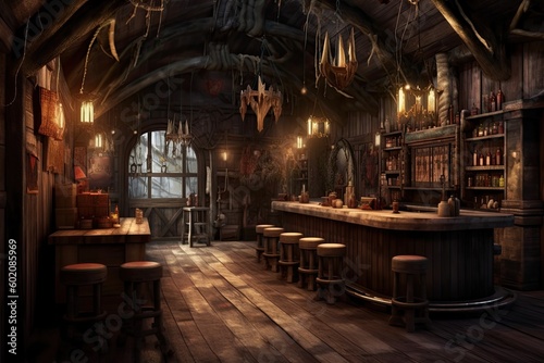 Rustic bar with weathered wood and warm lighting  evoking a cozy and inviting atmosphere - Generative AI