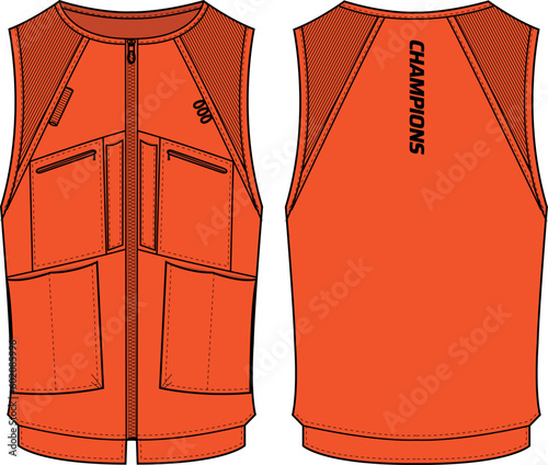 Sleeveless utility vest design flat sketch illustration template, Cargo vest jacket for Safari, Fishing, Photographer and outdoor activity