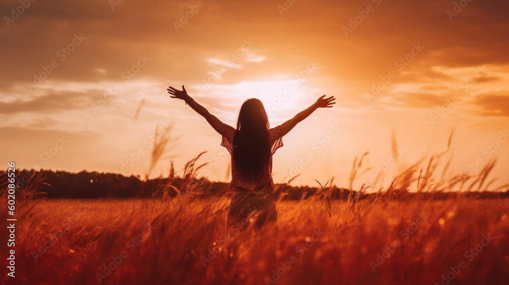 A woman standing in a wheat field with her arms raised in the air A woman standing in a wheat field with her arms raised in the air