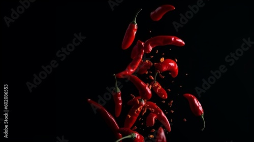 Falling Red Chili Peppers on a Black Background