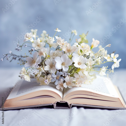 Romantic book. Lifestyle stylish dreamer's composition. Fairytales or poetry. Vintage book at blue pastel background. AI generated picture