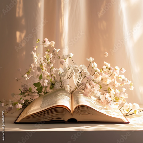 Romantic book. Lifestyle stylish dreamer's composition. Fairytales or poetry. Vintage book at beige pastel background. AI generated picture