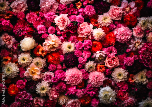 a colorful flower wall with white and pink flowers
