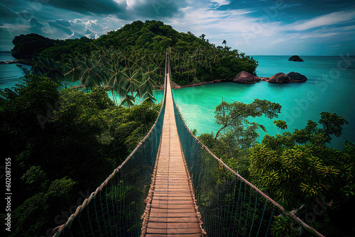 Old long wooden suspension bridge leading to tropical island (Generative AI)