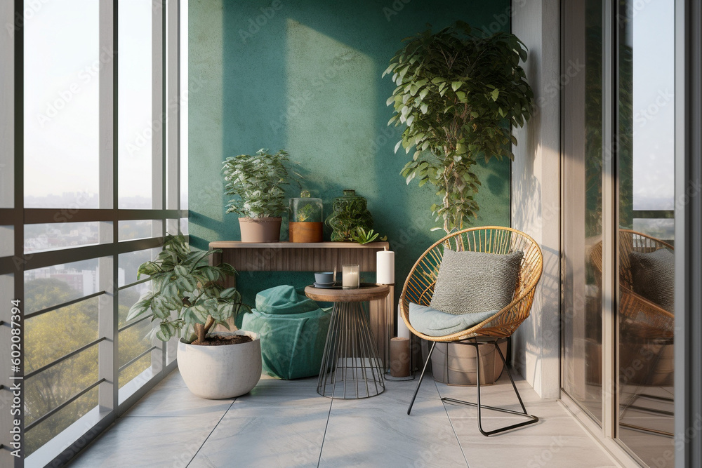 Modern minimalistic interior of the balcony, green, white and golden ...