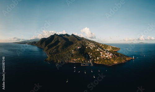 Aerial drone panorama of Lighthouse at Vieux-Fort, the southernmost point of Guadeloupe, Caribbean Sea
