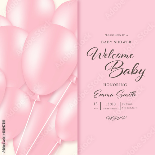 Baby girl shower card invitation, vector illustration with pink balloons
