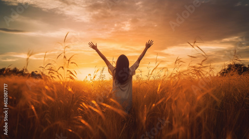 A woman standing in a wheat field with her arms raised in the air