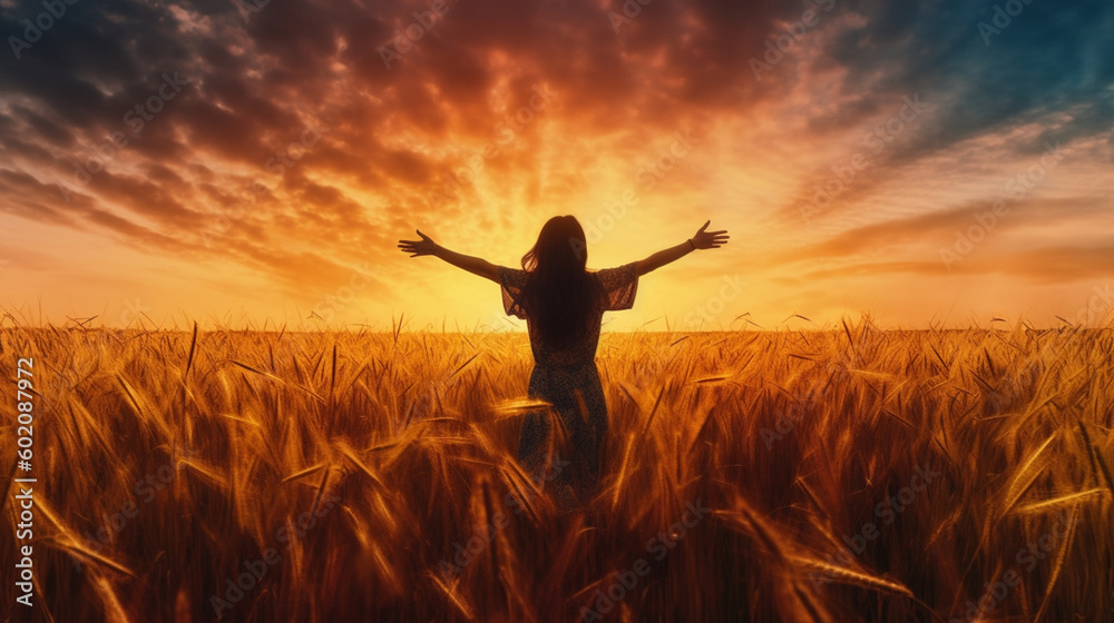 A woman standing in a wheat field with her arms raised in the air