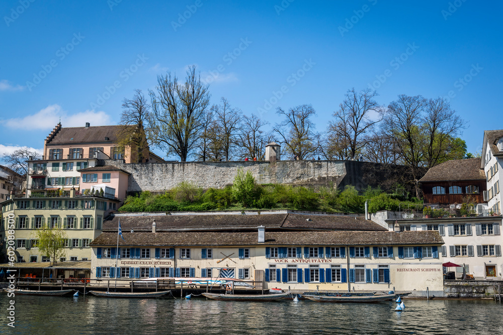 Cityscape with Limmat river and Medieval wall, Old Town, Zurich, Switzerland
