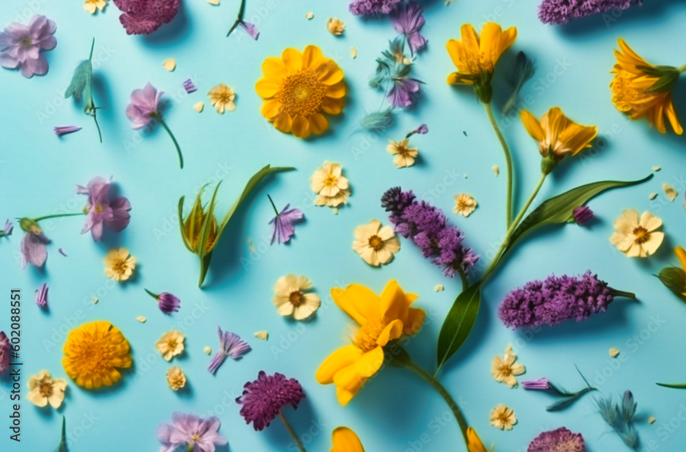 Fototapeta premium purple and yellow flowers on light blue background