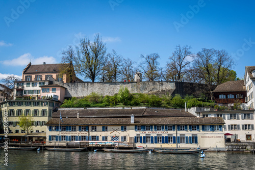 Cityscape with Limmat river and Medieval wall, Old Town, Zurich, Switzerland