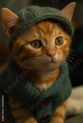Ginger kitten in chunky knit green sweater and hat. Generative AI