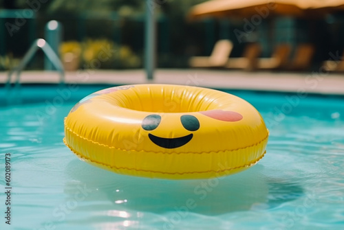 Yellow rubber ring smiling in pool on tropical resort. Generative AI