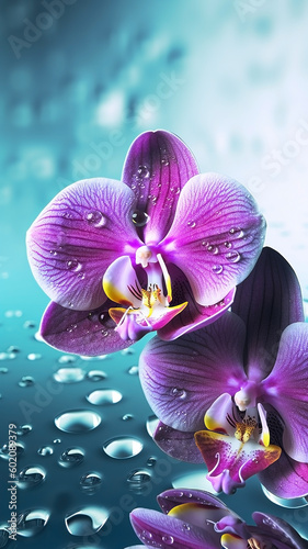 Blooming orchid flowers with drops of water close-up background. Ai generated